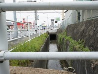 水路が道の下へ消えていく